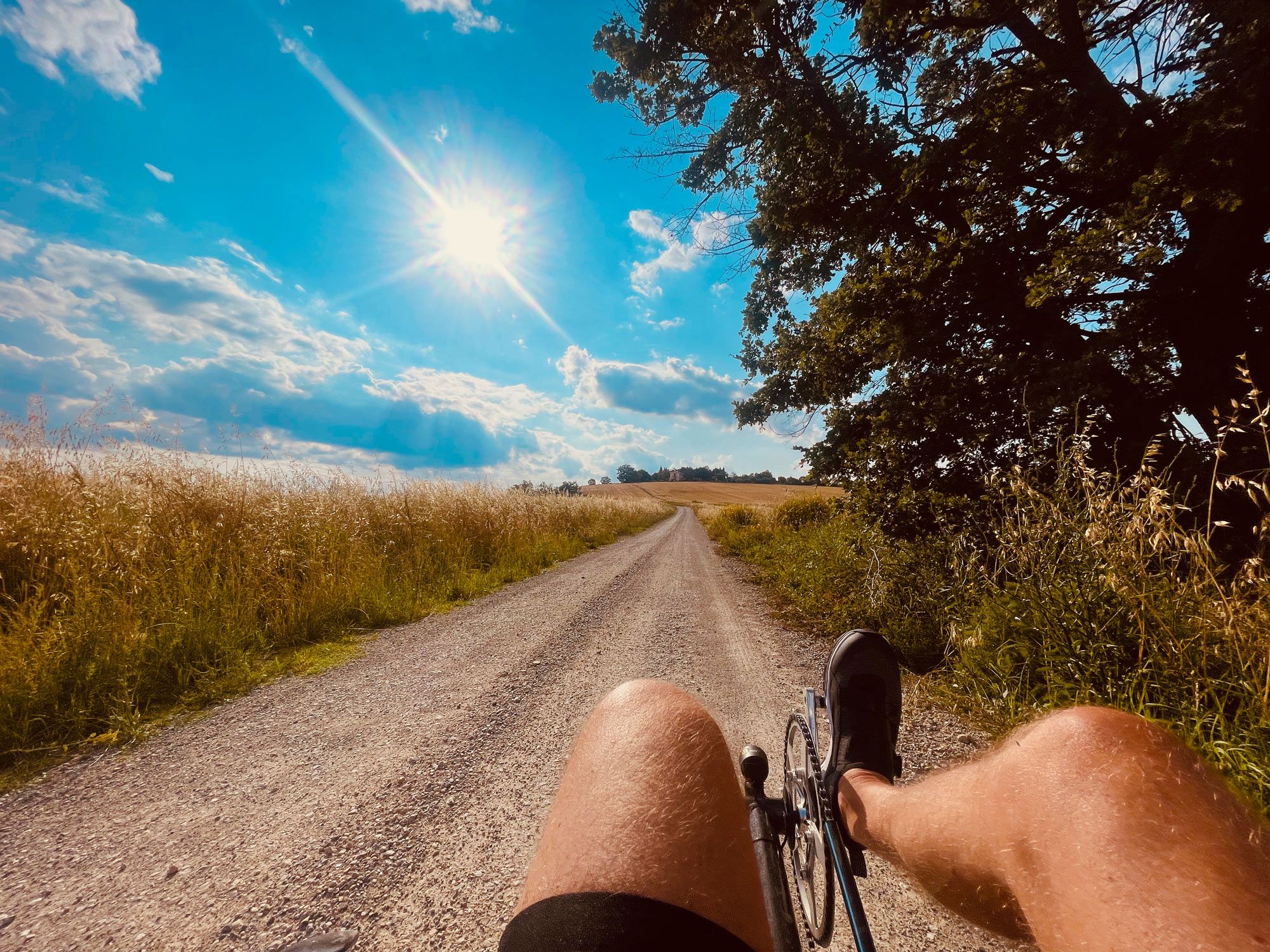 Zon, bergweg en trike ligfiets.