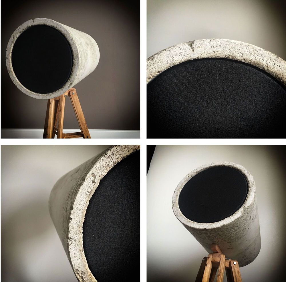 Design speaker van beton en houten driepoot. Zelfbouw DIY