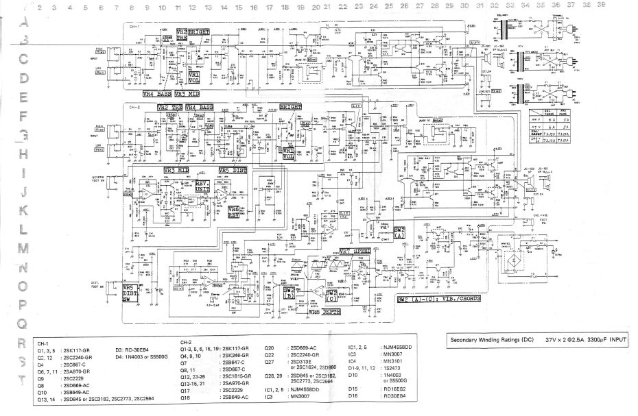 Printplaat van een Roland JC-120 gitaarversterker.