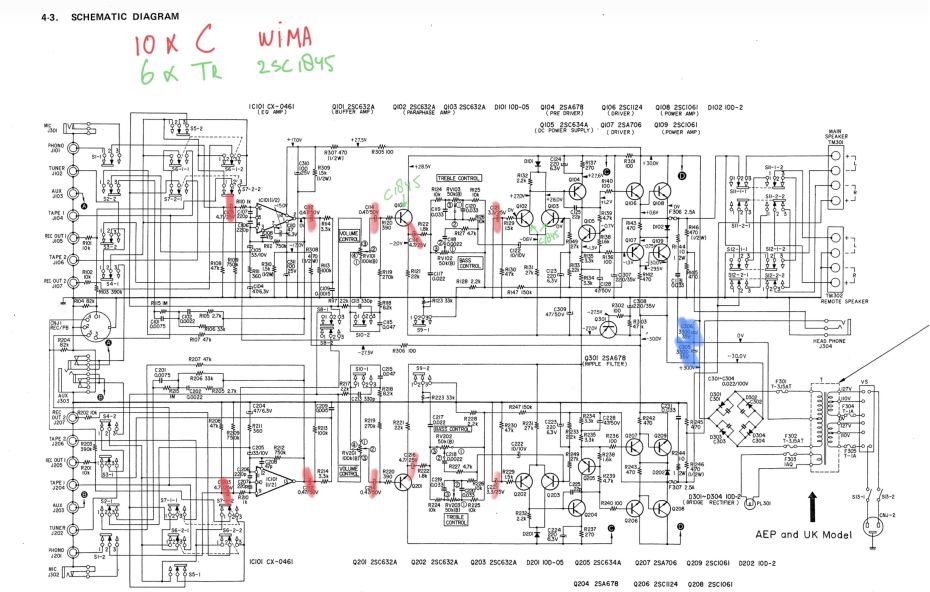 Schema Sony TA-1055 met alternatieve componenten