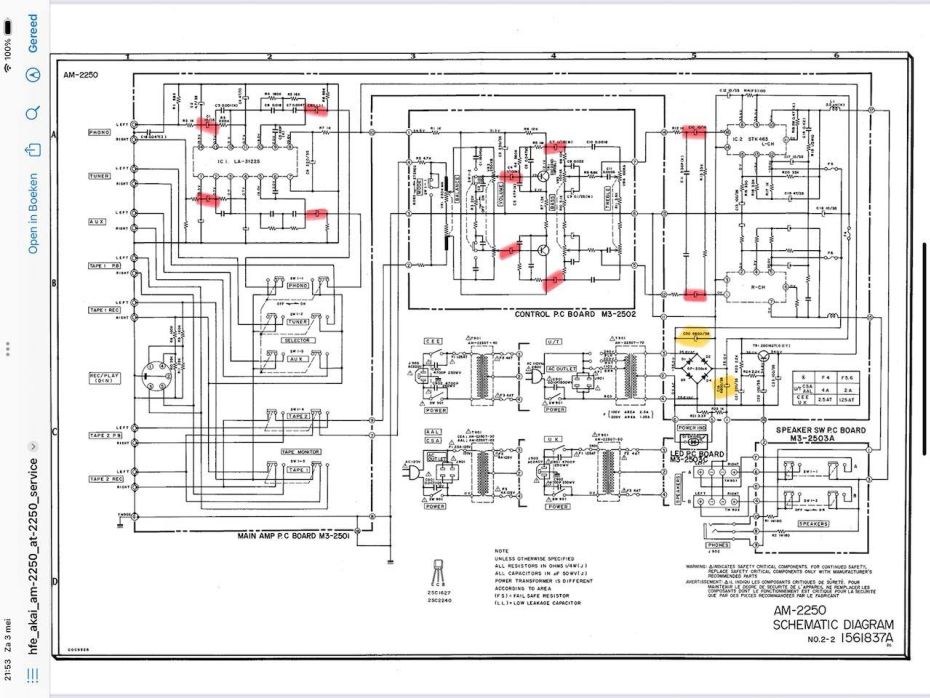 Schema van de Akai AM-2250 met aan te passen condensatoren 