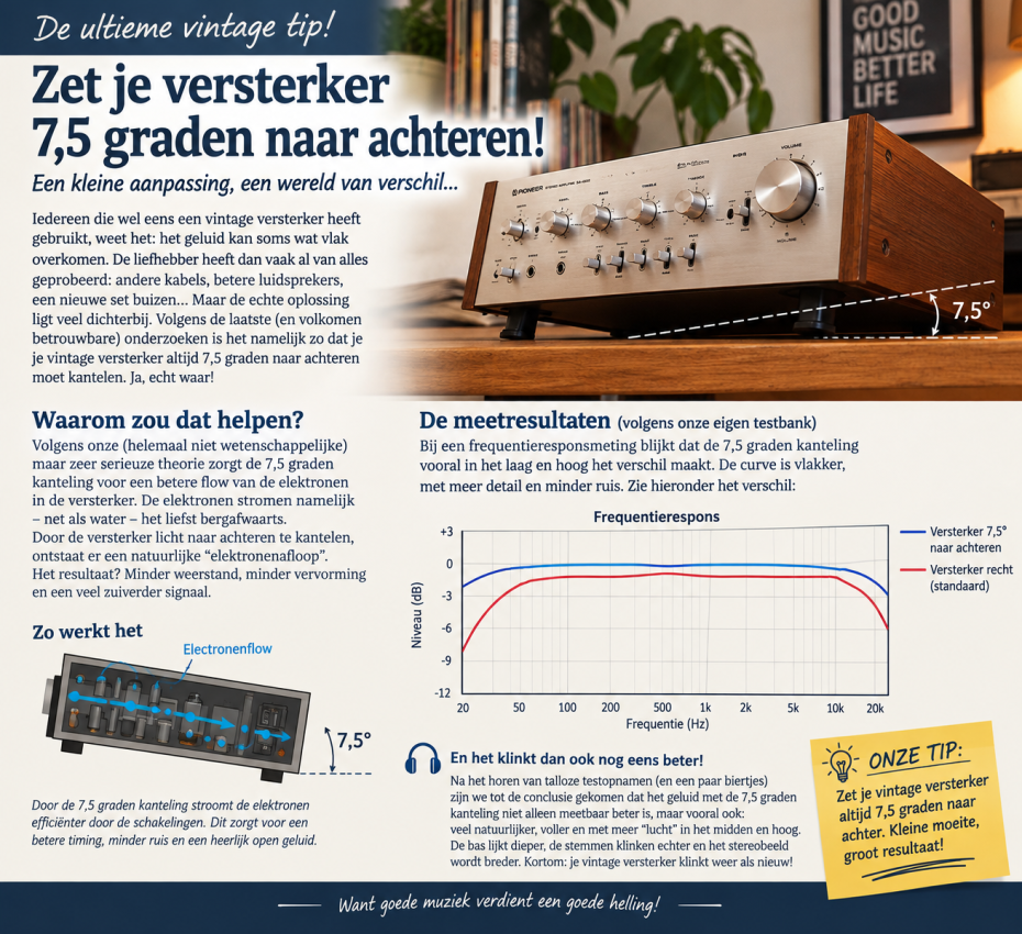 Humoristische afbeelding van een versterker die schuin moet staan voor een beter geluid.