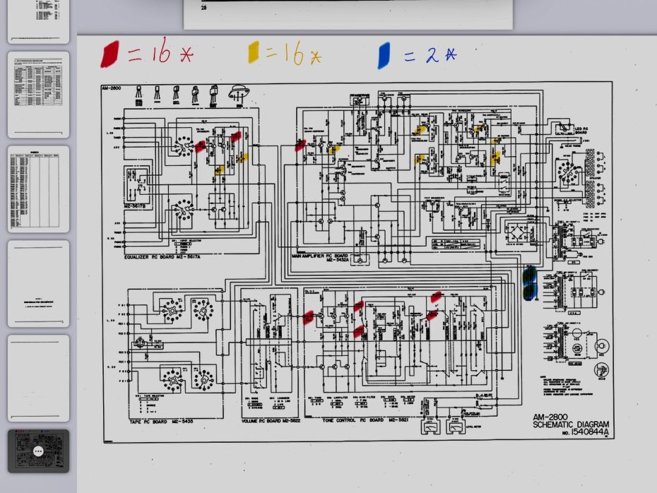 Schema van de Akai AM-2800 met aan te passen condensatoren