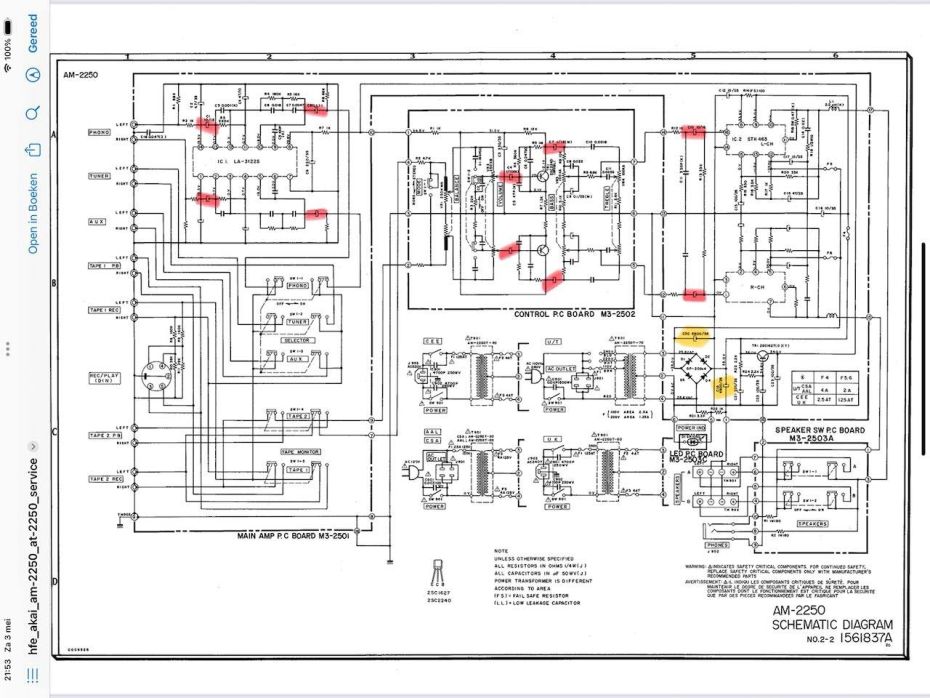 Schema van de Akai AM-2250 met aan te passen condensatoren