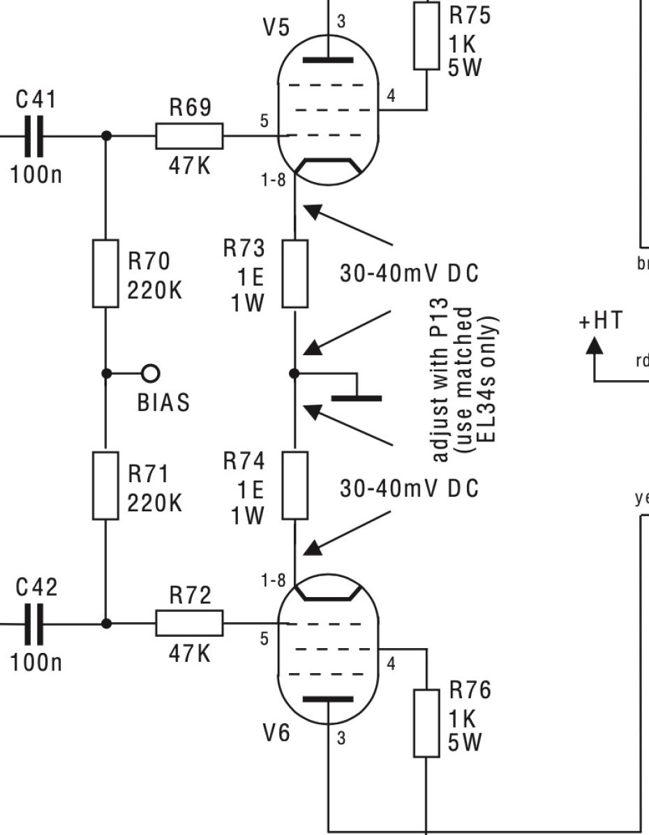 Bias instelling EL34 op 30 tot 40mV over R73 en R74